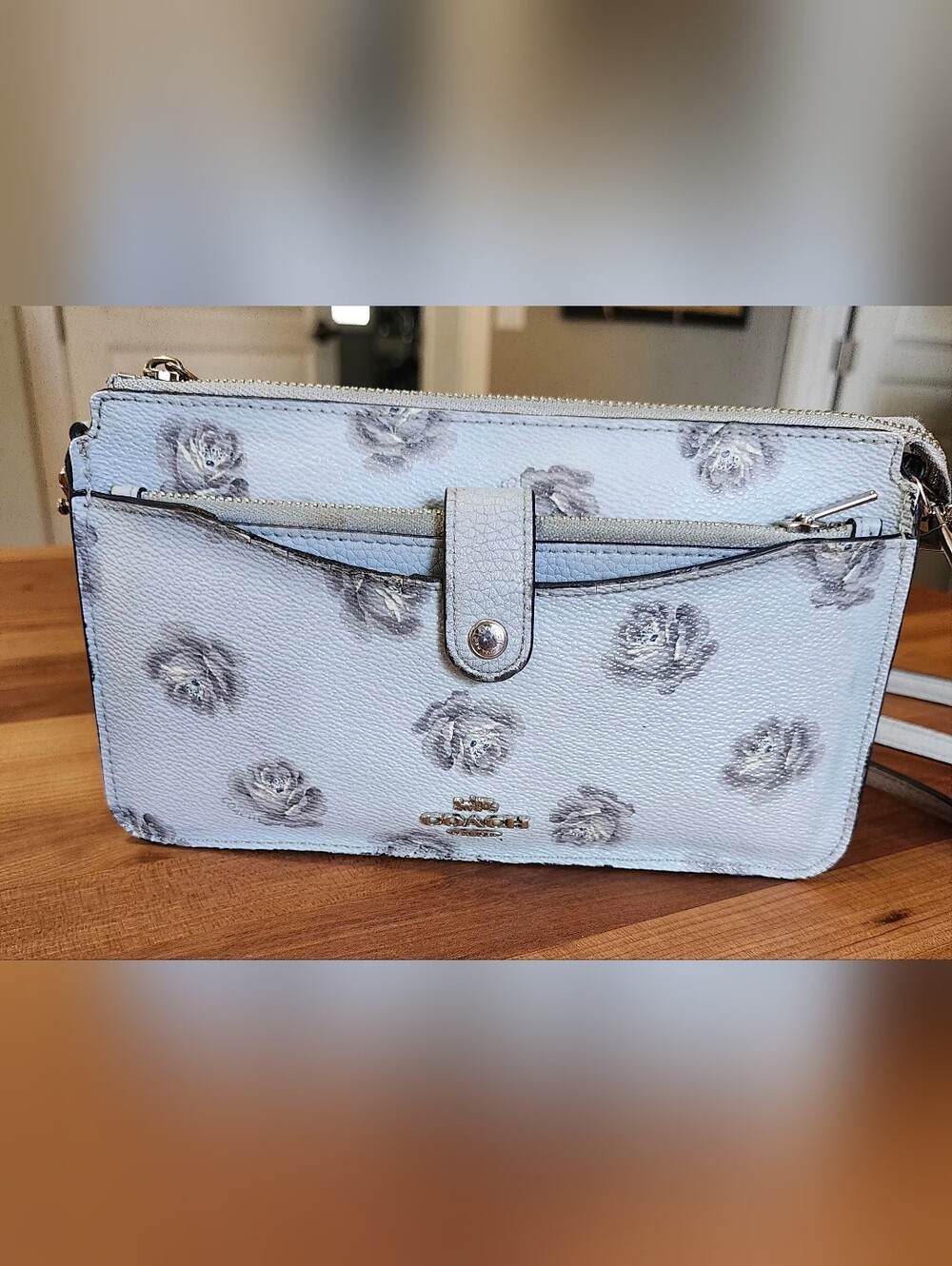 Coach Noa Pop - Up Messenger Bag #31829 Polished Leather Sky Blue/Rose Print.